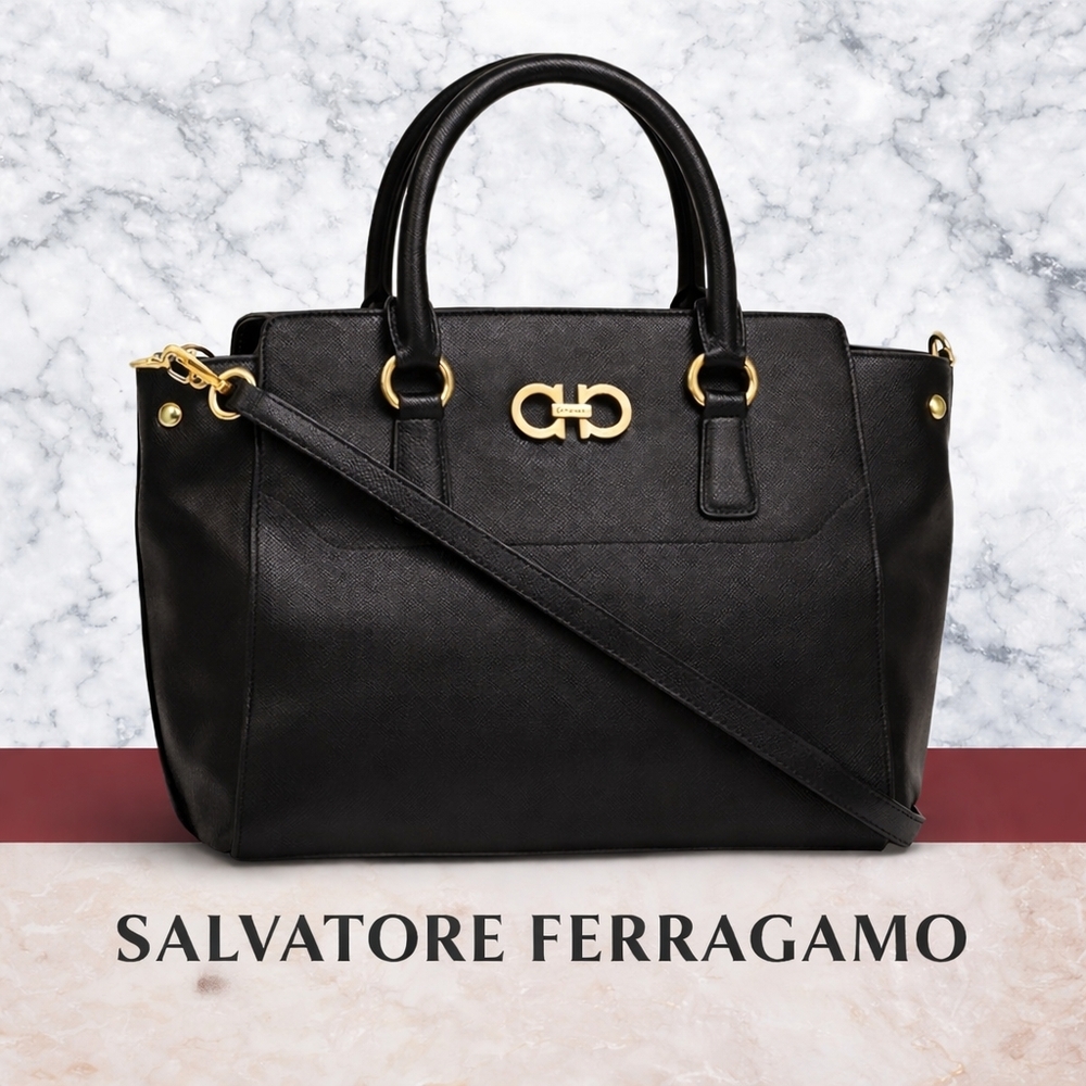 Salvatore Ferragamo Black Leather Tote / Satchel with Gold Gancini Hardware